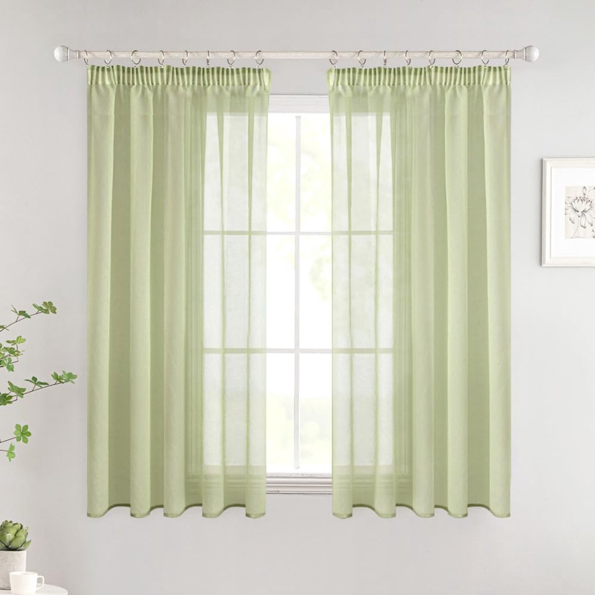 transparante raamgordijnen, vitrage met plooiband, moderne decoratieve gordijnen voor slaapkamer, woonkamer, huis, set van 2, 140x160cm, groen