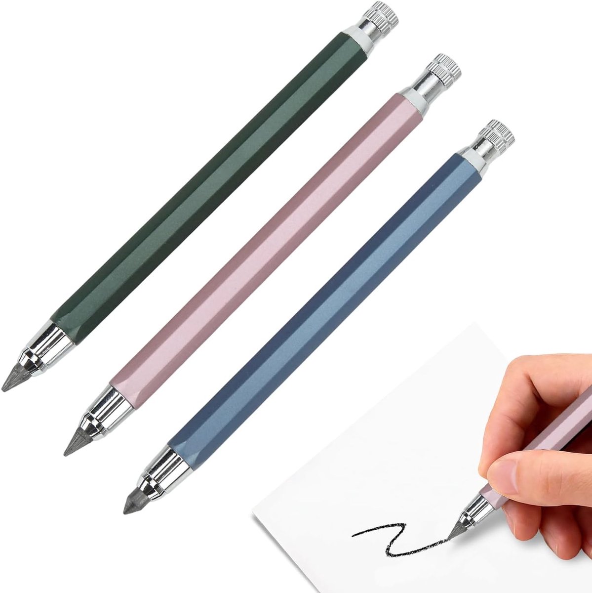 3 stuks 5,6 mm mechanische potloodhouders voor timmermanspotlood, viltstiften voor schrijfgerei, automatisch mechanisch potlood van grafiet, ronde metalen pen (blauw roze groen)