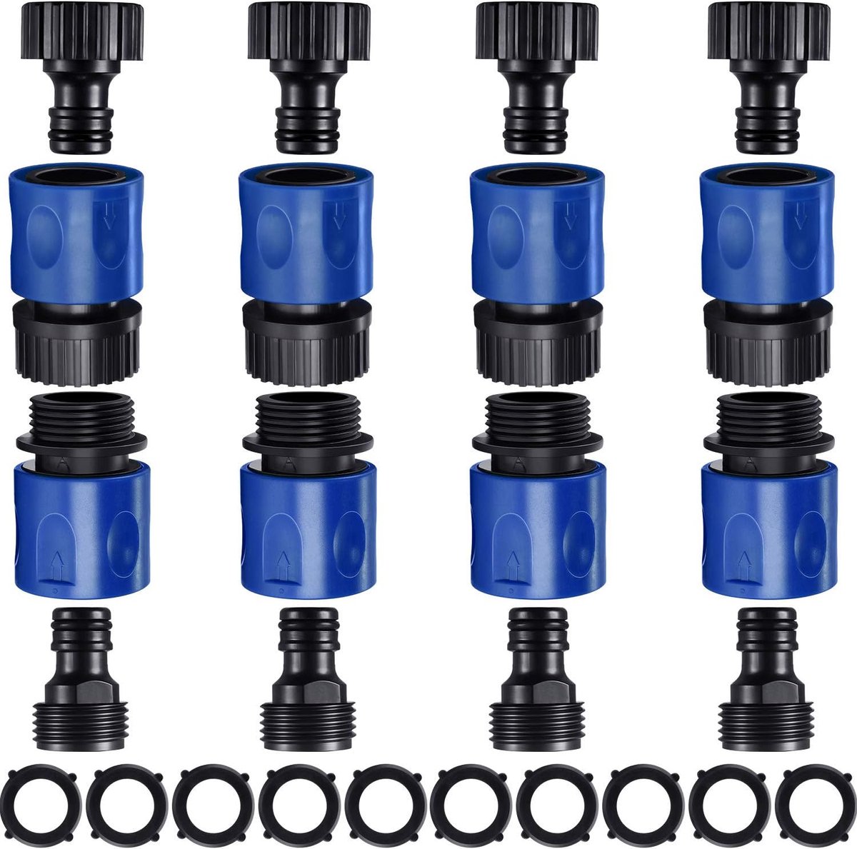 16 stuks tuinslang snelconnector 3/4 inch kunststof waterslangfittingen mannelijke en vrouwelijke connectoren slangeindadapters met 10 stuks rubberen pakkingen (blauw, zwart)