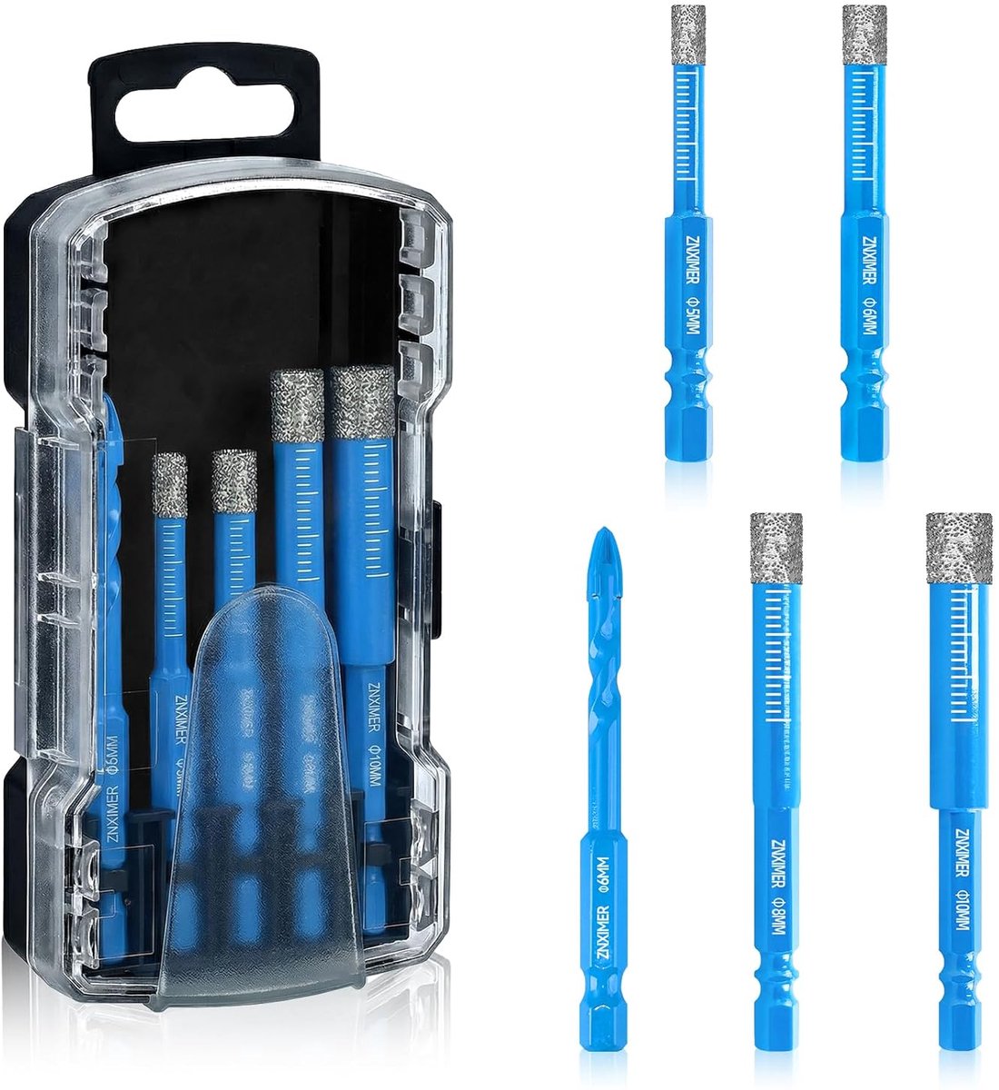 Tegelboor diamantboor glasboor set 5-delig 5, 6, 8, 10 mm + 6 mm hardmetalen boor voor keramiek, graniet, glas, porselein, tegels, droog en nat boren