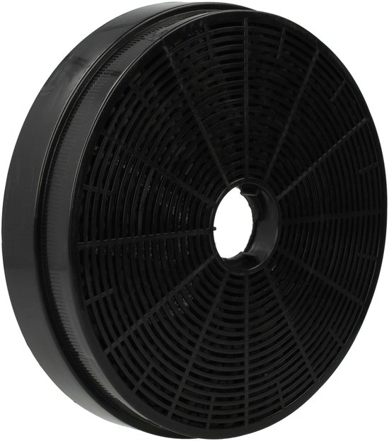 Zwarte, ronde afzuigkapfilter met een roosterpatroon en een gestructureerde zijde.