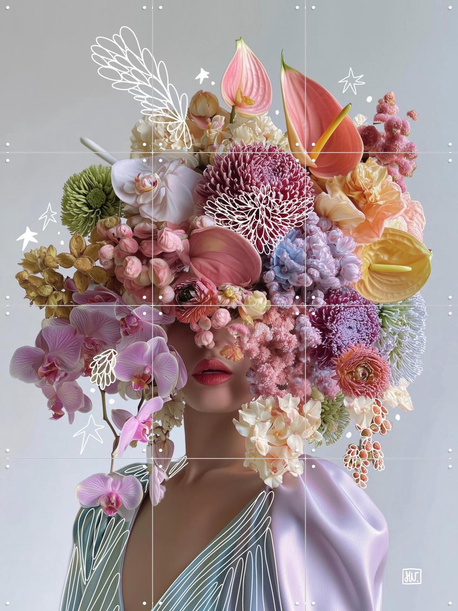 IXXI Got Flowers in My Head, Henriette Visscher - 60 x 80 cm - Gratis ophangtool - Grote wanddecoratie en posters - Kleurrijk, Gemengde Technieken