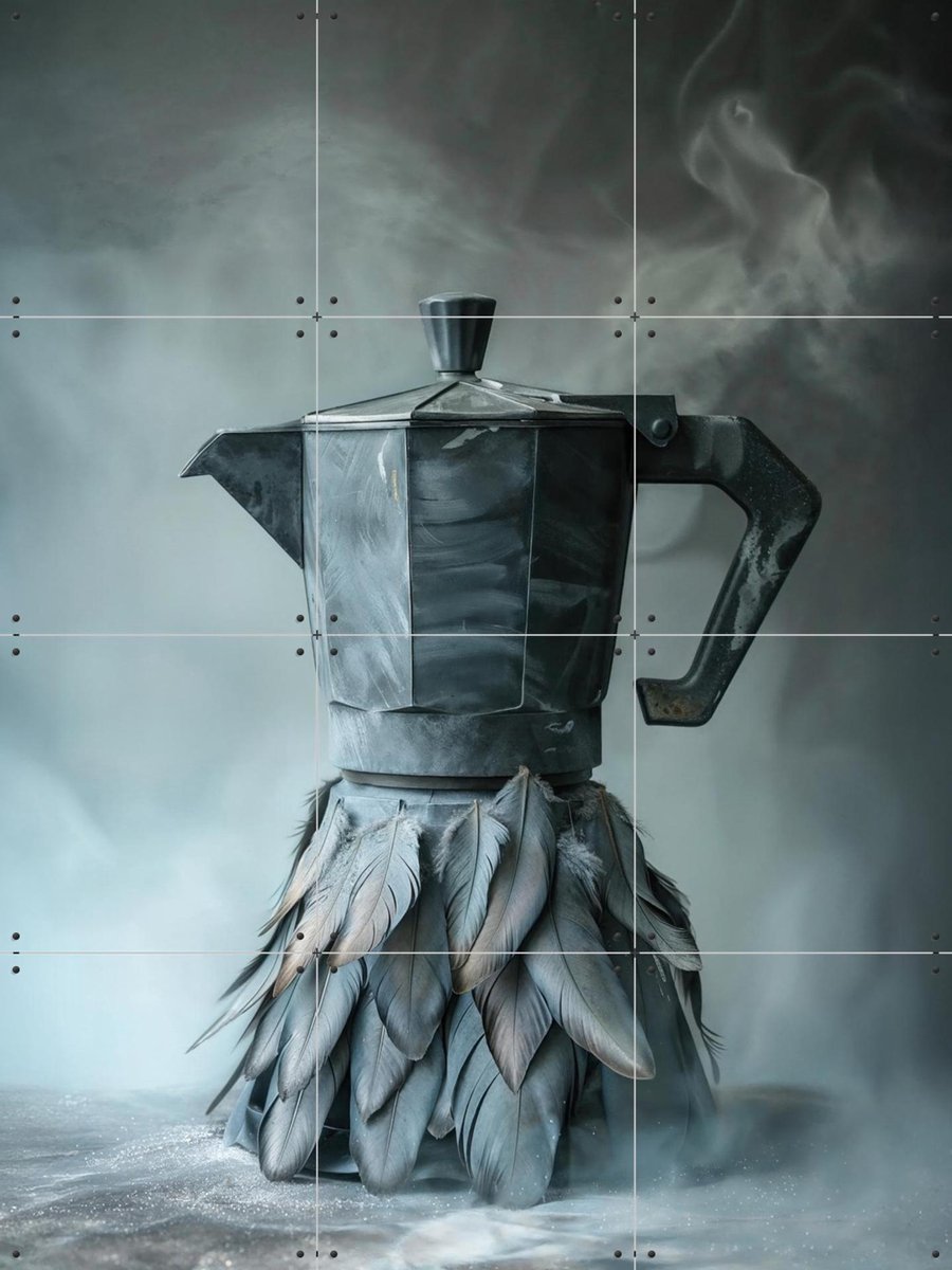 IXXI Grey Coffee Percolator Smoke and Feathers, OTTI - 60 x 80 cm - Gratis ophangtool - Grote wanddecoratie en posters - Digitale Kunst, Gemengde