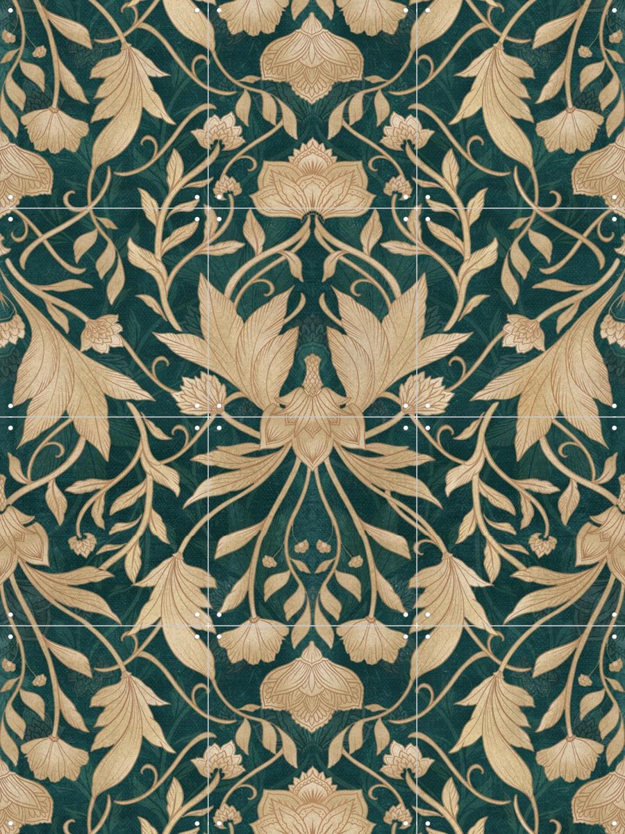 IXXI Morris Vintage Floral Damask Teal Gold, Bloomery Decor - 60 x 80 cm - Gratis ophangtool - Grote wanddecoratie en posters - Geometrische Kunst