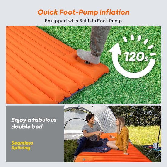 Opblaasbare Slaapmat - Kampeer matras - Buiten slapen - Ingebouwde voetpomp - Dubbel 10 cm dik - Oranje Blauw — afbeelding 4
