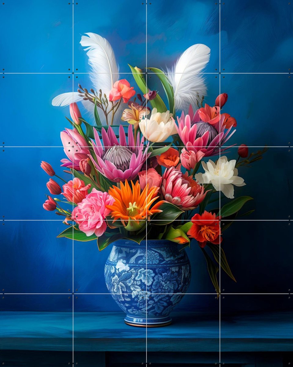 IXXI Delft Blue Floral Still Life with Colorful Flowers and White Feathers, OTTI - 80 x 100 cm - Gratis ophangtool - Grote wanddecoratie en posters -