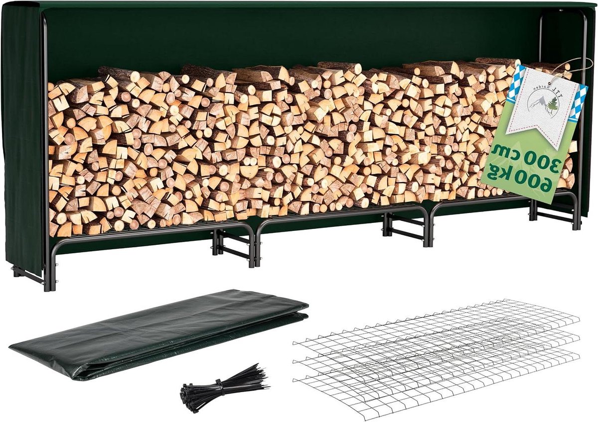 Houtopslag Rek - Houthok Buiten - Droog Hout Opslaan - Inclusief Afdekhoes - 300 cm Breed - Zwart