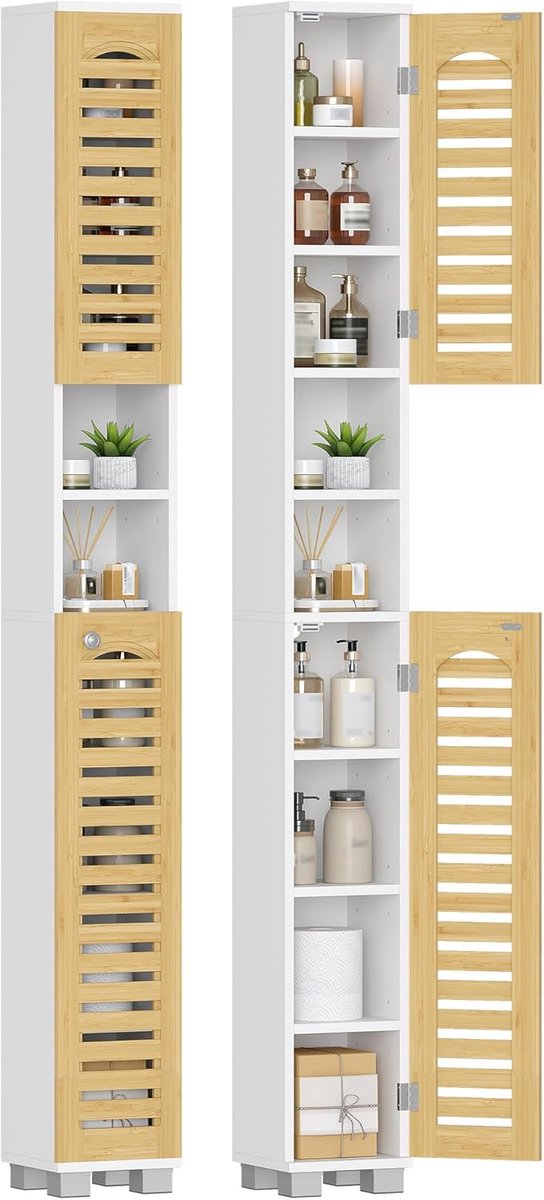 Hzuaneri Badkamerkast, hoge badkamerkast, wit en bamboe | Badkamerkast smal met 2 bamboedeuren en 2 open vakken, verstelbare planken, modern, 20 x 20 x 181,5 cm
