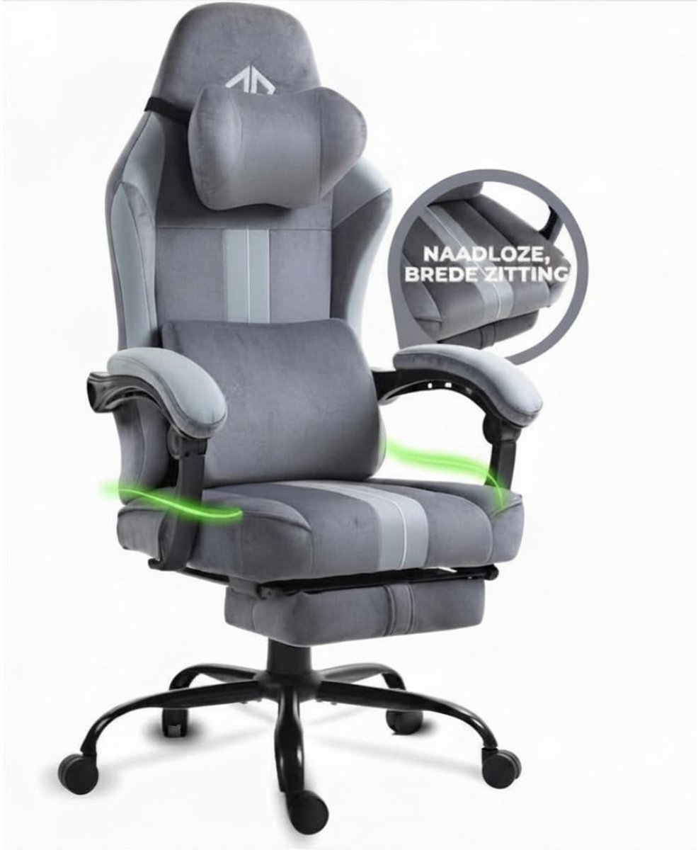 NIVA® Gamingstoel - 150 kg - Ergonomische Gamingstoel - Met Voetensteun & Hoofdkussen- Grijs - 57cm x 70cm x 140cm