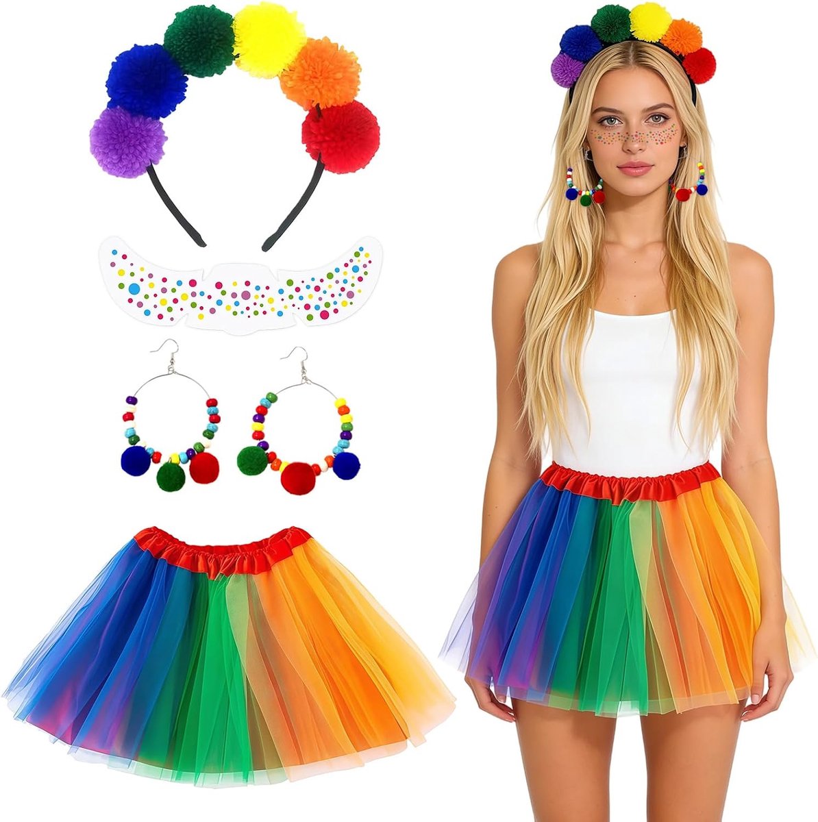 Regenboogkostuum voor dames, set regenboog, tule rok, kleurrijk, haarband met pompons en oorbellen en gezichtstattoos, carnavalskostuums voor carnaval, muziekfestival, cosplay, regenboog-themafeest