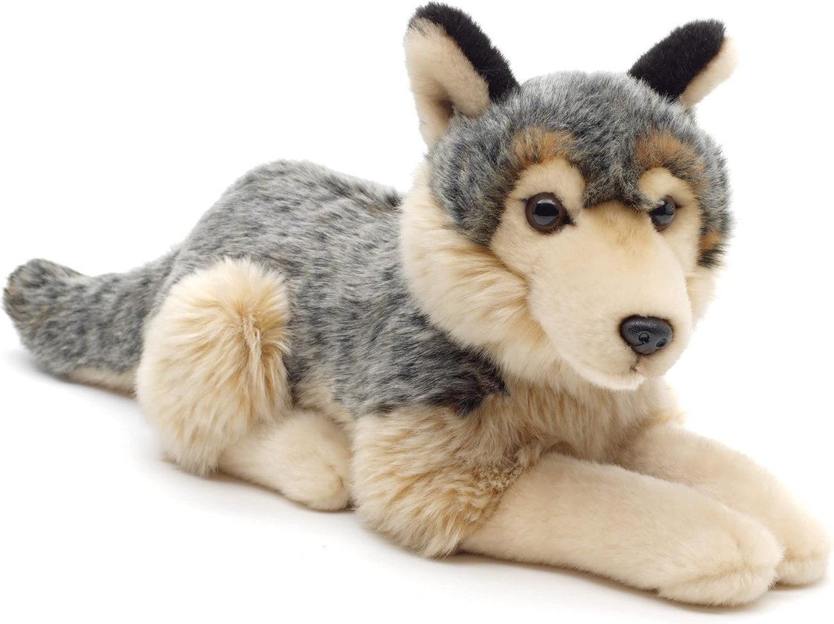 Grijze wolf, liggend - 30 cm (lengte) - pluche wolf, lupus - pluche dier