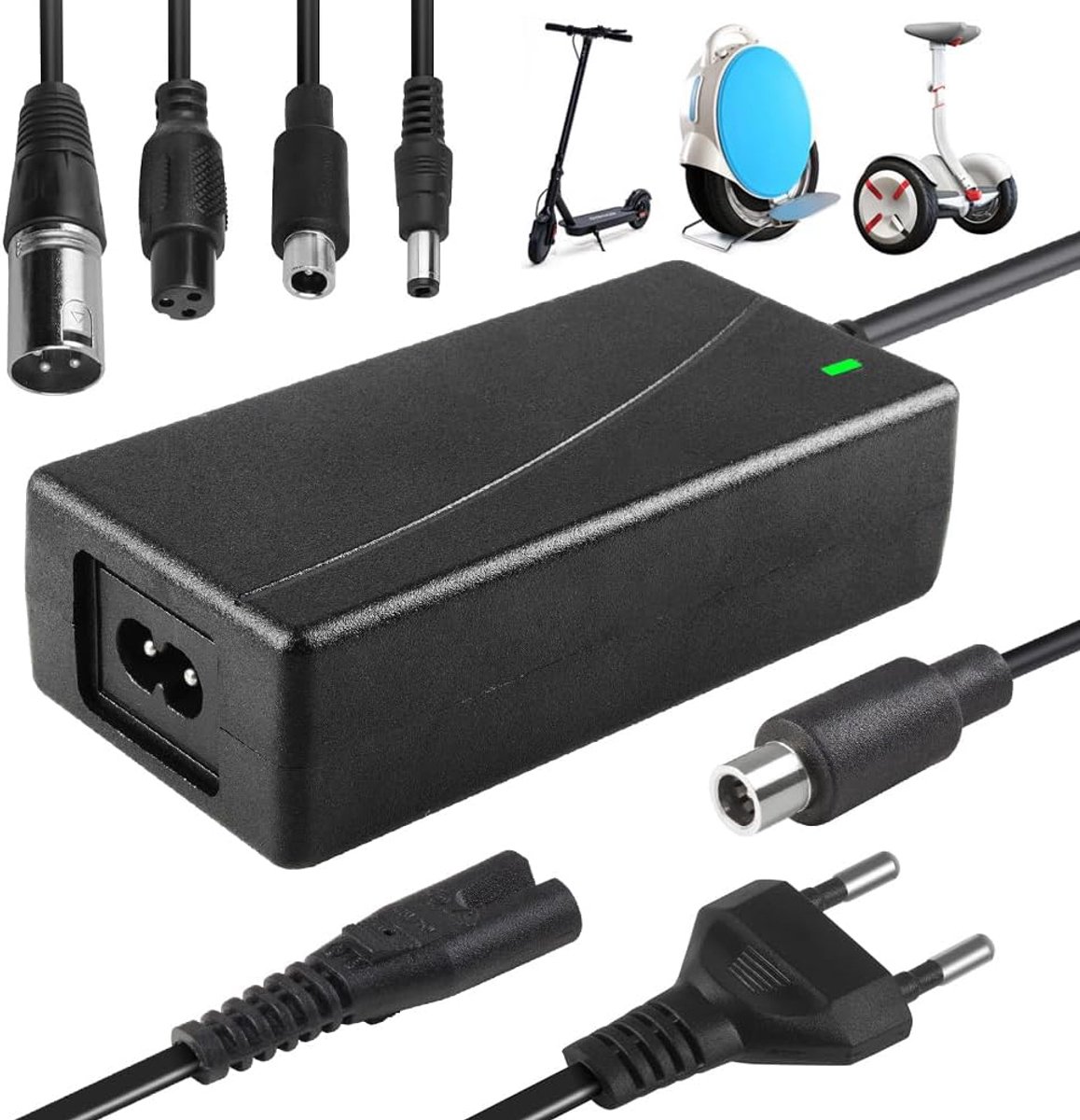 Oplader voor scooters, 42 V 2 A AC E scooter oplaadkabel, hoverboard oplaadkabel, e-scooteroplader voor elektrische fietsen, met 4 aansluitingen, voor hoverboard, accu lithium batterij, elektrische