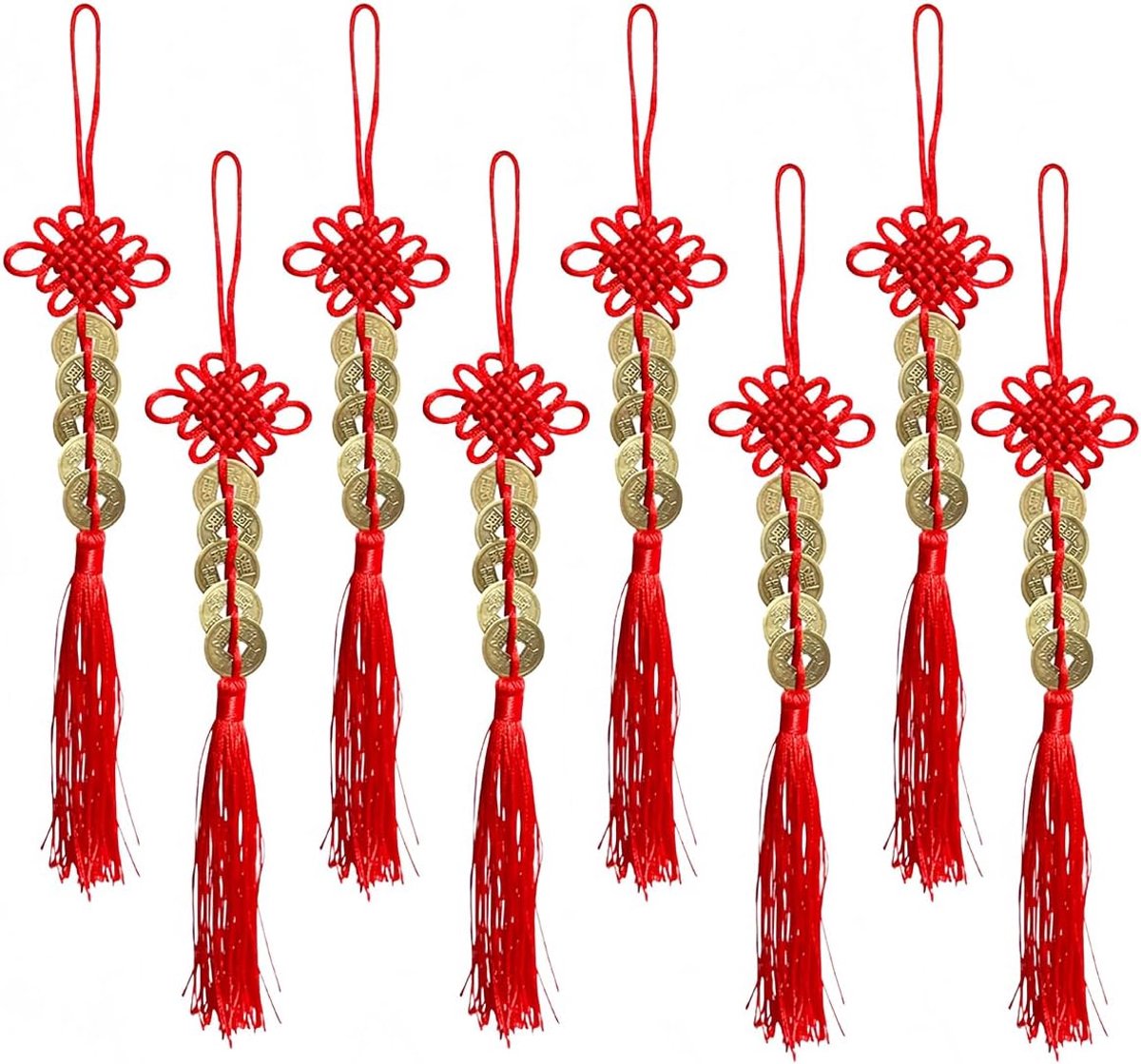 8 Stks Vijf Keizer Munten Hanger Traditionele Chinese Rode Puur Koperen Munten Hand Geweven Decoratieve Opknoping Ornament 30cm