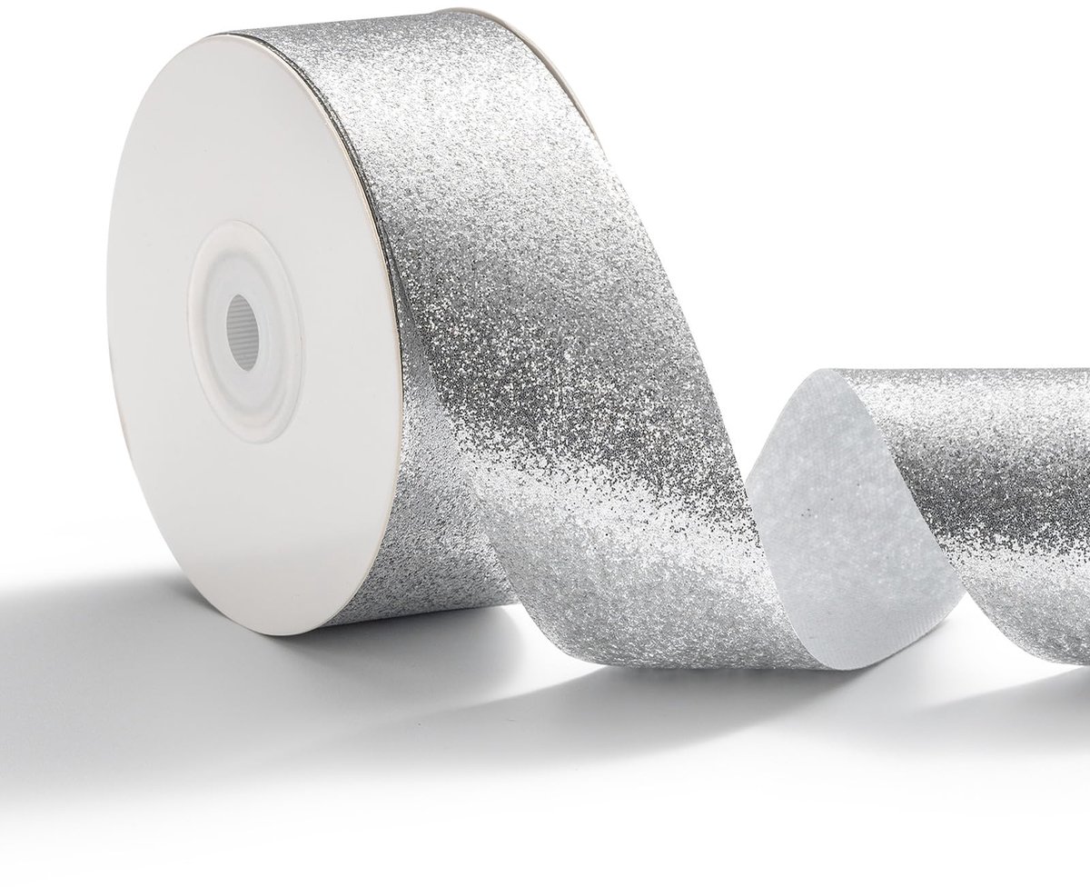 Geschenklint glitter zilver bruiloft metallic lint breed cadeaulint glanzend glitterlint 3,8 cm x 22,8 m