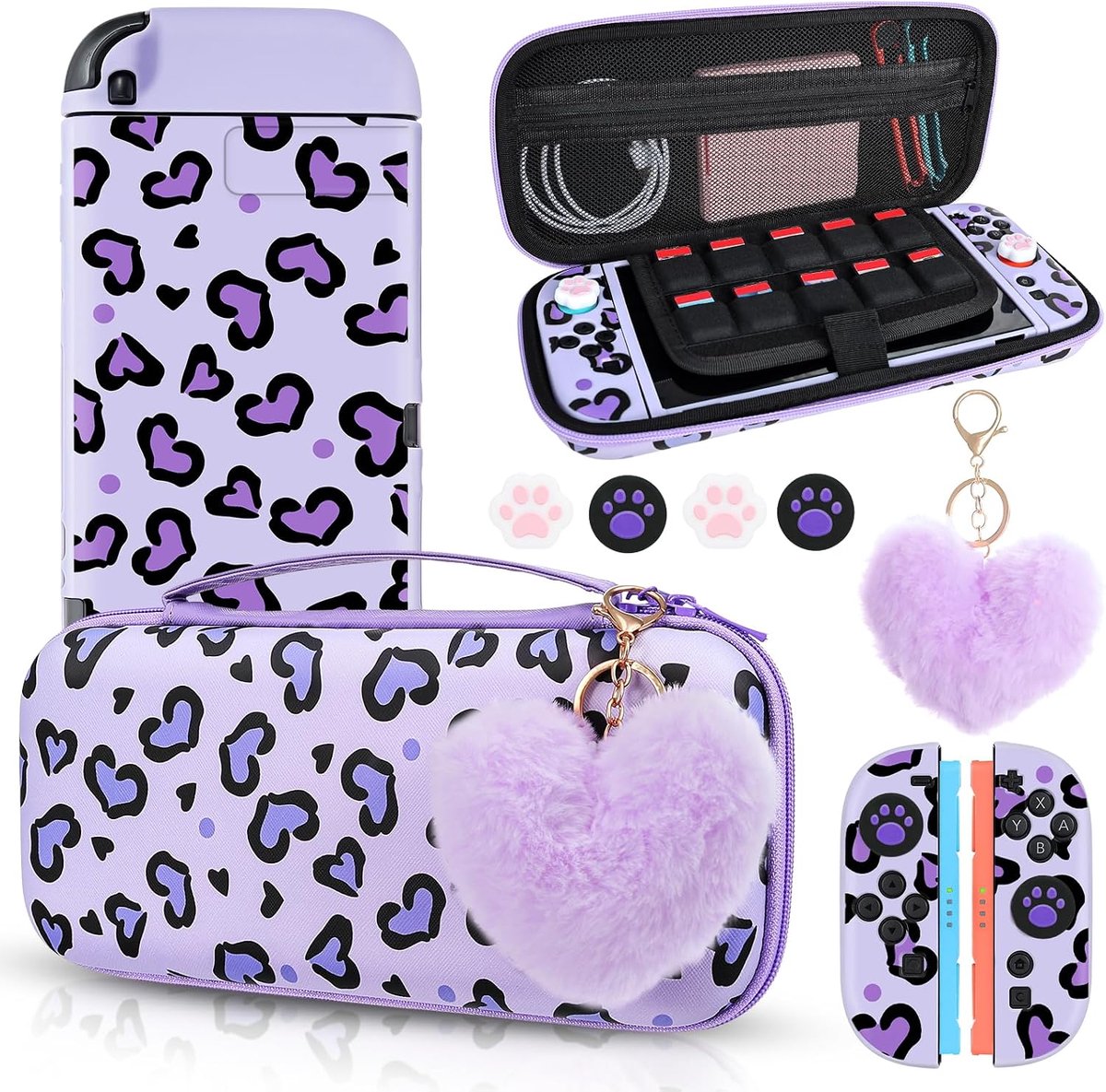 Draagtas voor Switch 2, Hart Luipaard Draagbare Opslag Reizen Game Draagtas met NS 2 Dockable Beschermhoes, 4PCS Duim Grip Cap en 1PC Pluche Hart Charm,Paars