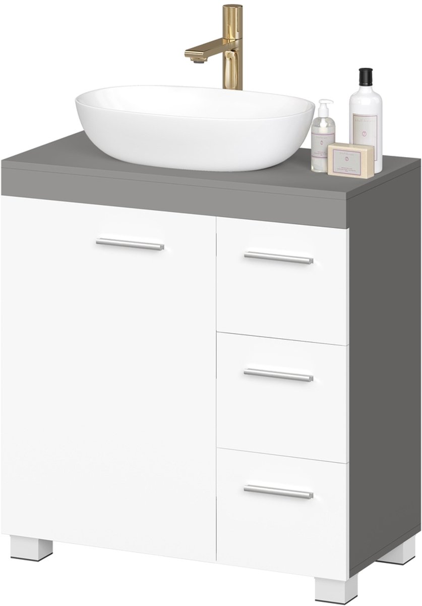 Badkamerkastje – 30 x 60 x 64 cm – wastafelmeubel met poten – Witgrijs