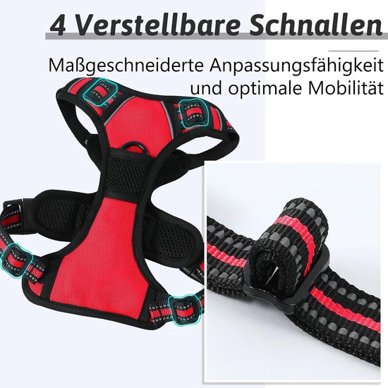Hondentuigje, grote maat, middelgroot, klein, anti-trektuigje voor honden, verstelbaar met dubbele ring, ademend hondenharnas, rood, L — afbeelding 3