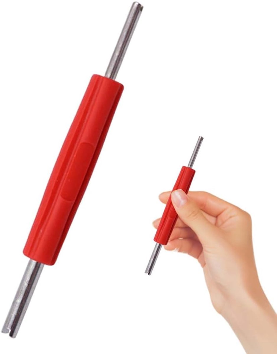 Ventielverwijderaar, 1 stuk, ventielsleutel in rood, 12,5 x 1,8 cm, metalen kunststof combinatie voor vaste ventielinzetstukken, effectief gereedschap voor ventielreparatie