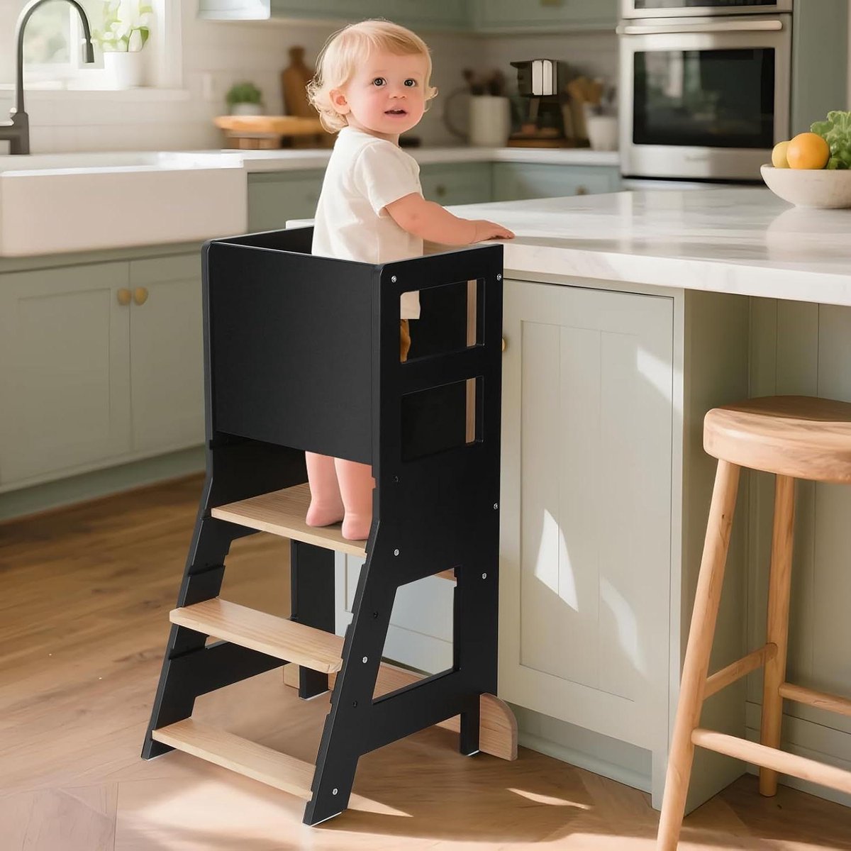Kinder Leertoren - Houten Keukentoren Opstapje - Kinderen Helpen Keuken - In Hoogte Verstelbaar - 3 Standen - Zwart