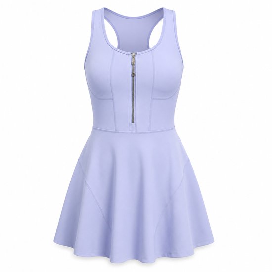 Robe de sport bleu pervenche à fermeture éclair sur le devant et dos nageur, en position debout. Fabriquée en 82,5% polyester et 17,5% élasthanne.