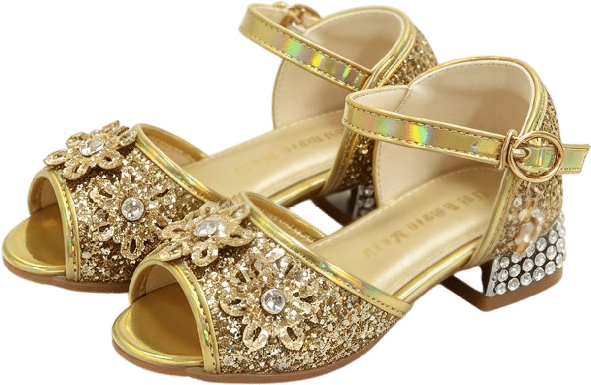 Prinsessen schoenen - met hakje - voor bij je prinsessenjurk - inclusief toverstaf, prinsessen kroon - maat 30 - gouden prinsessen schoenen plastic