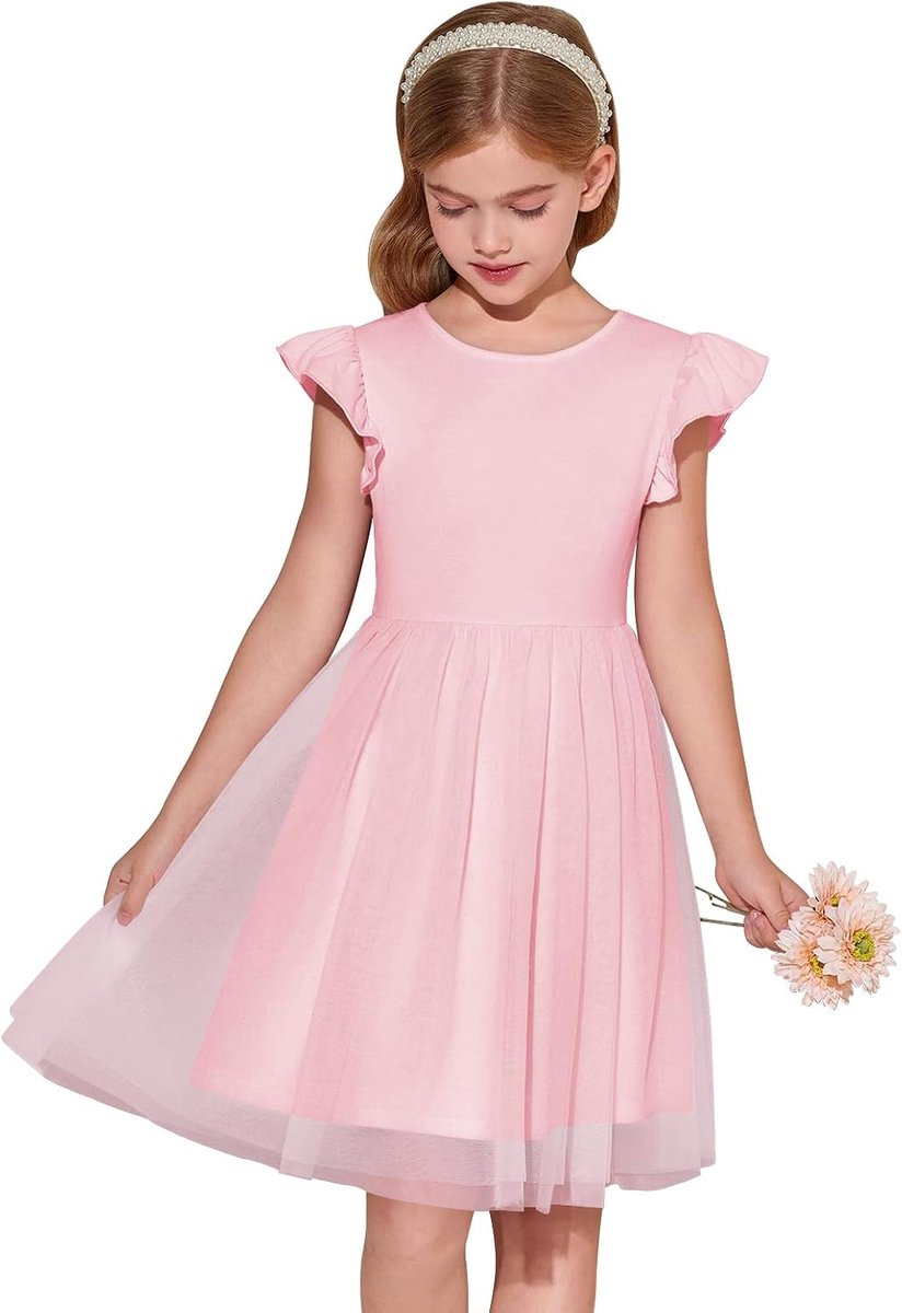 Meisjesjurk met ruches en ronde hals, effen, zomerjurk, A-lijn, prinses, tule, feestelijk, verjaardag, bruiloft, party, vrijetijdsjurk