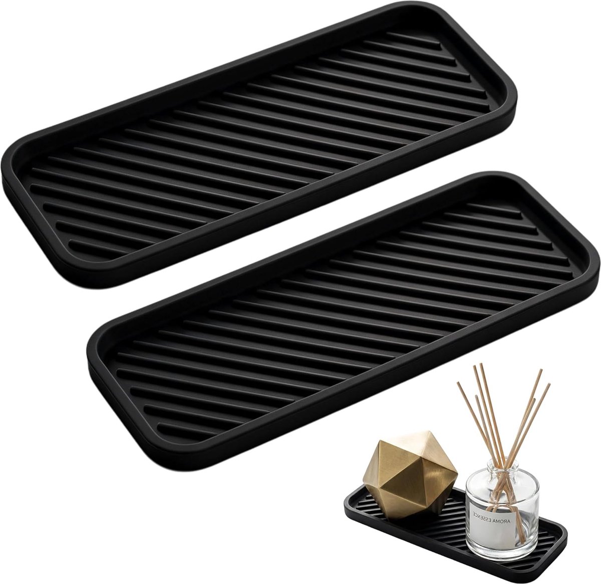 2-delige set van multifunctionele siliconen gootsteenorganizer, sponshouder en antislip zeepbakje voor de keuken, zwart