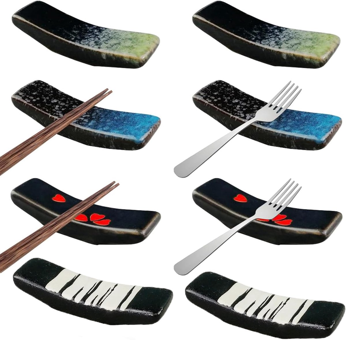 8 stuks porseleinen staafjeshouders, keramiek, staafjeshouders, valbestendig, chopstick resterende opslag voor Japanse eetstokjes, herbruikbaar, (B)