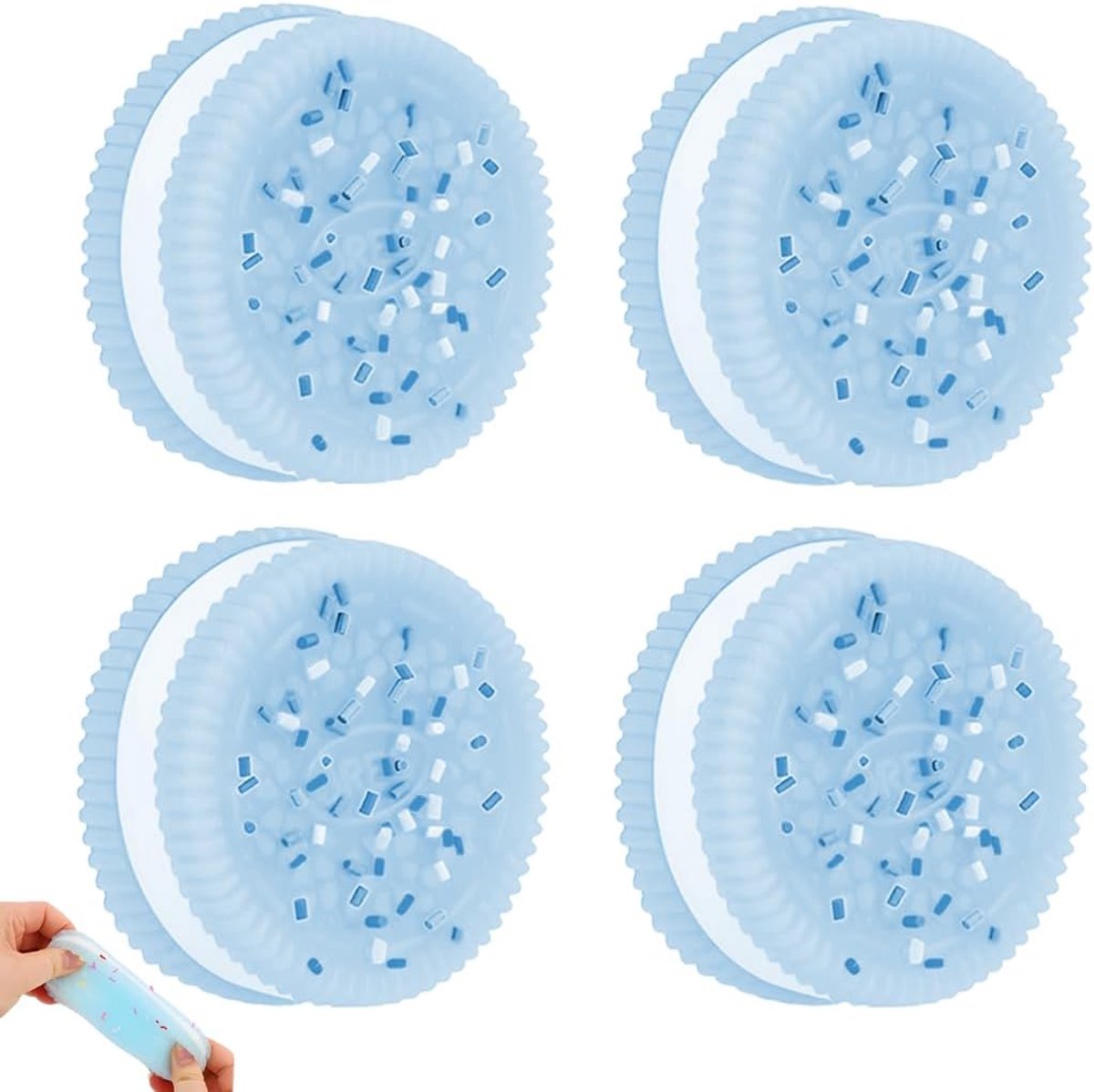 4 stuks knijpspeelgoed, squishy speelgoed, koekjes stressverminderend speelgoed, ultrazacht decompressiespeelgoed in blauw, 3,8 cm lengte 1 cm hoogte