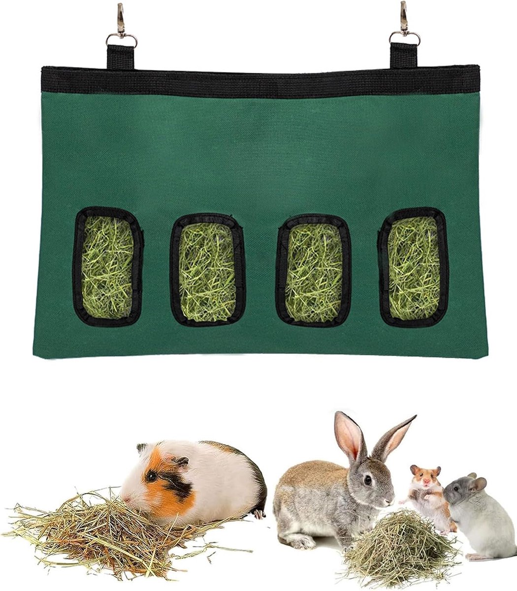 Hooizak voor konijnen, hooizak, hooivoederzak, hooizak voor kleine dieren, hangvoerdispenser hooi met 4 ramen voor kleine dieren, groen, hooibak konijnen, hooibak