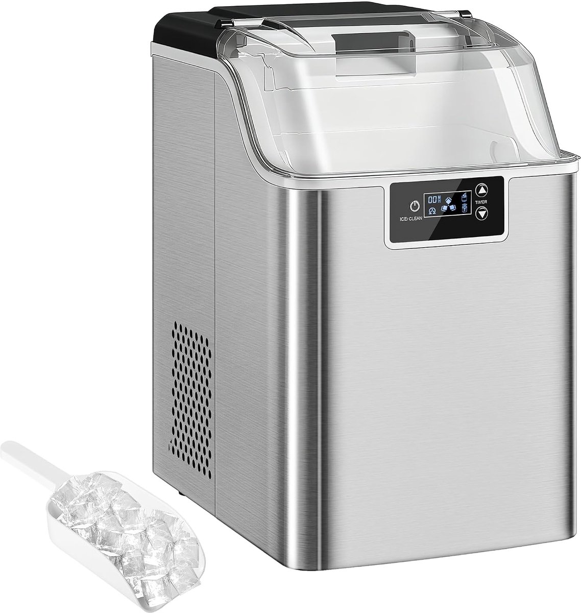 IJsblokjesmachine van roestvrij staal Ice Maker met 24 Nugget ijsblokjes per keer 20 kg 24 uur 2 1L watertank zelfreinigende ijsblokjesmachine inclusief ijsschep en mand voor keuken
