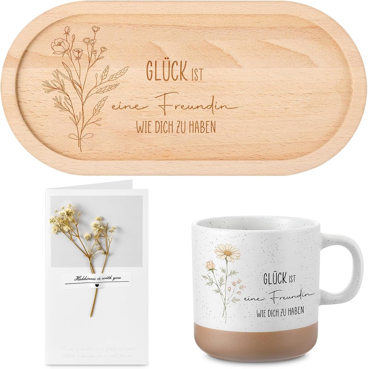 Cadeaus Voor Vrouwen Houten Dienblad Keramische Mok Wenskaart Met Gedroogde Bloemen Verjaardags- en Kerstcadeaus Voor Zussen, Vriendinnen en Verloskundigen(Freundin)