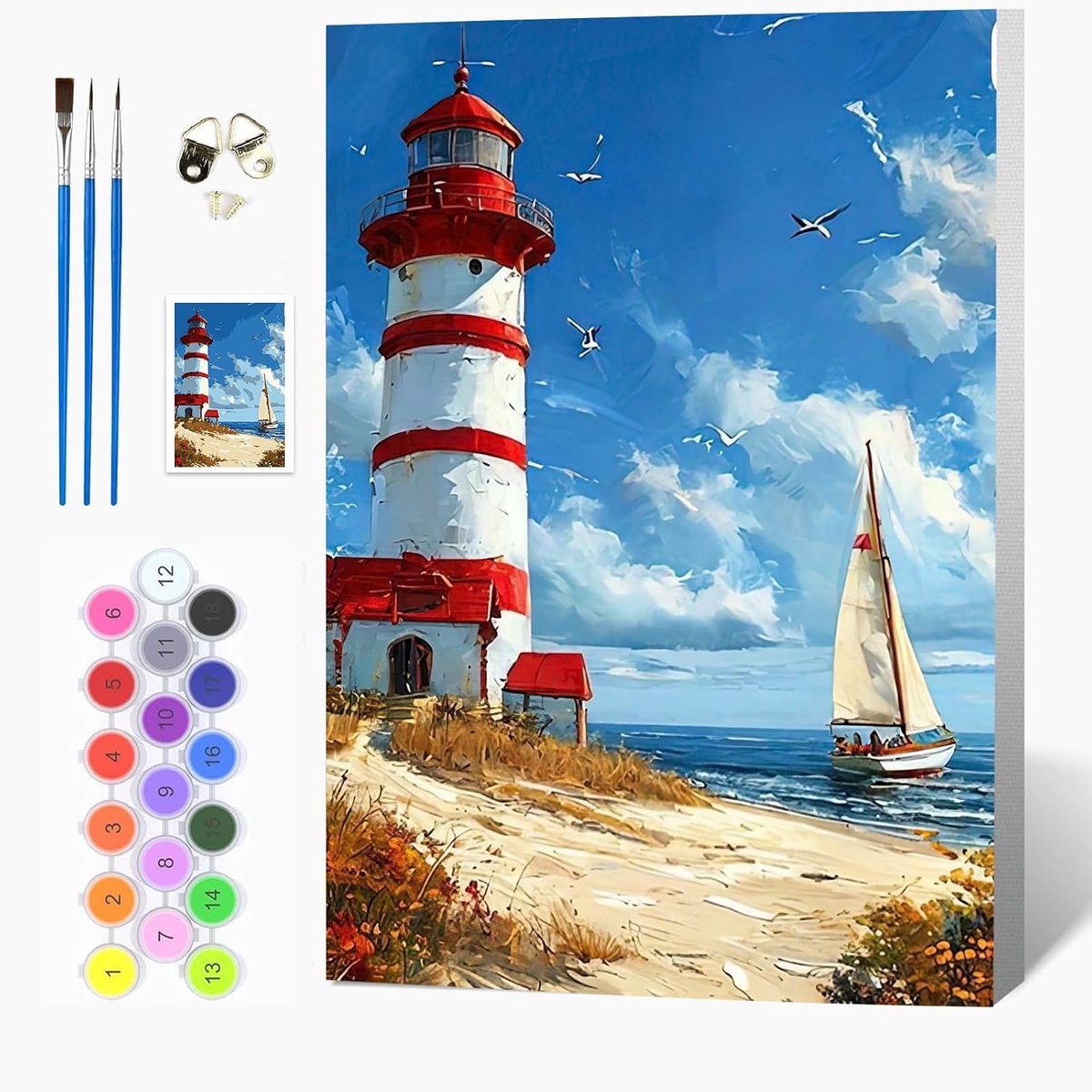 Leuchtturm Schilderen op nummer, voor volwassenen en kinderen, landschapsverf op nummers, set met olieverfschilderij voor beginners, met houten frame, 20 x 30 cm, doe-het-zelf kunstkit met 3