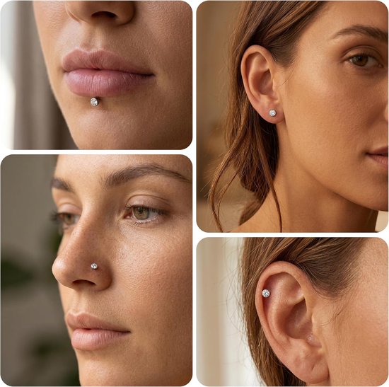 F136 labret piercing set van 2 ronde / ster zirkoon 16G 18G helix tragus oorstekers binnendraad met lange schroefdraad flatback kraakbeen lippiercing zilveren sieraden — afbeelding 4