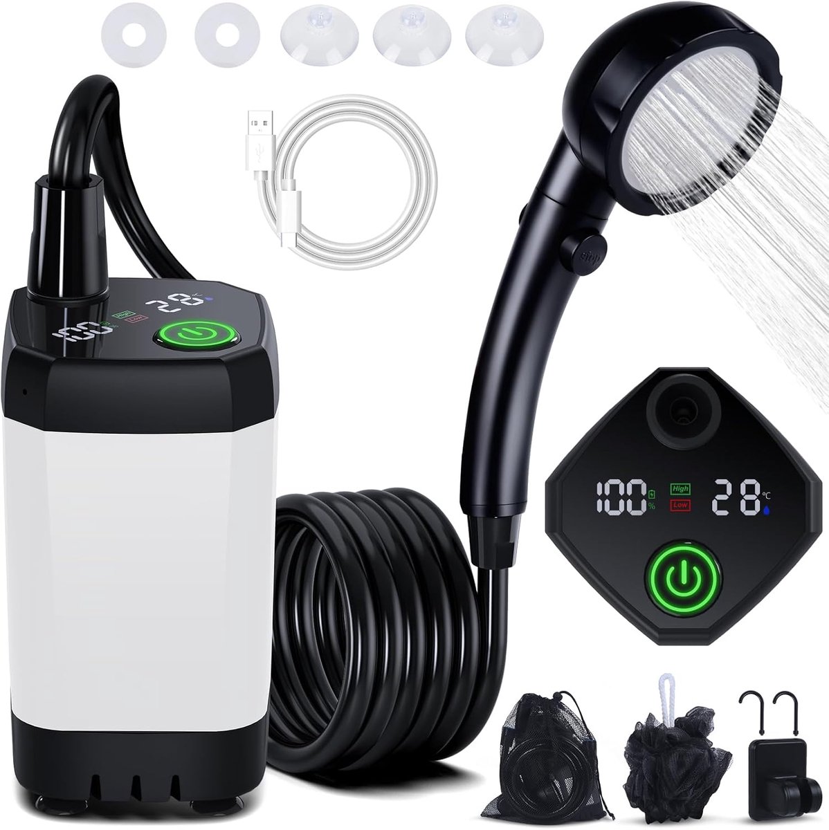douche met pomp, [6000mAh] Spopal camping douche, Campingdouche outdoor set met douchekop en 2 m slang voor tuin, autowassen, strand, reizen, huisdier (wit)