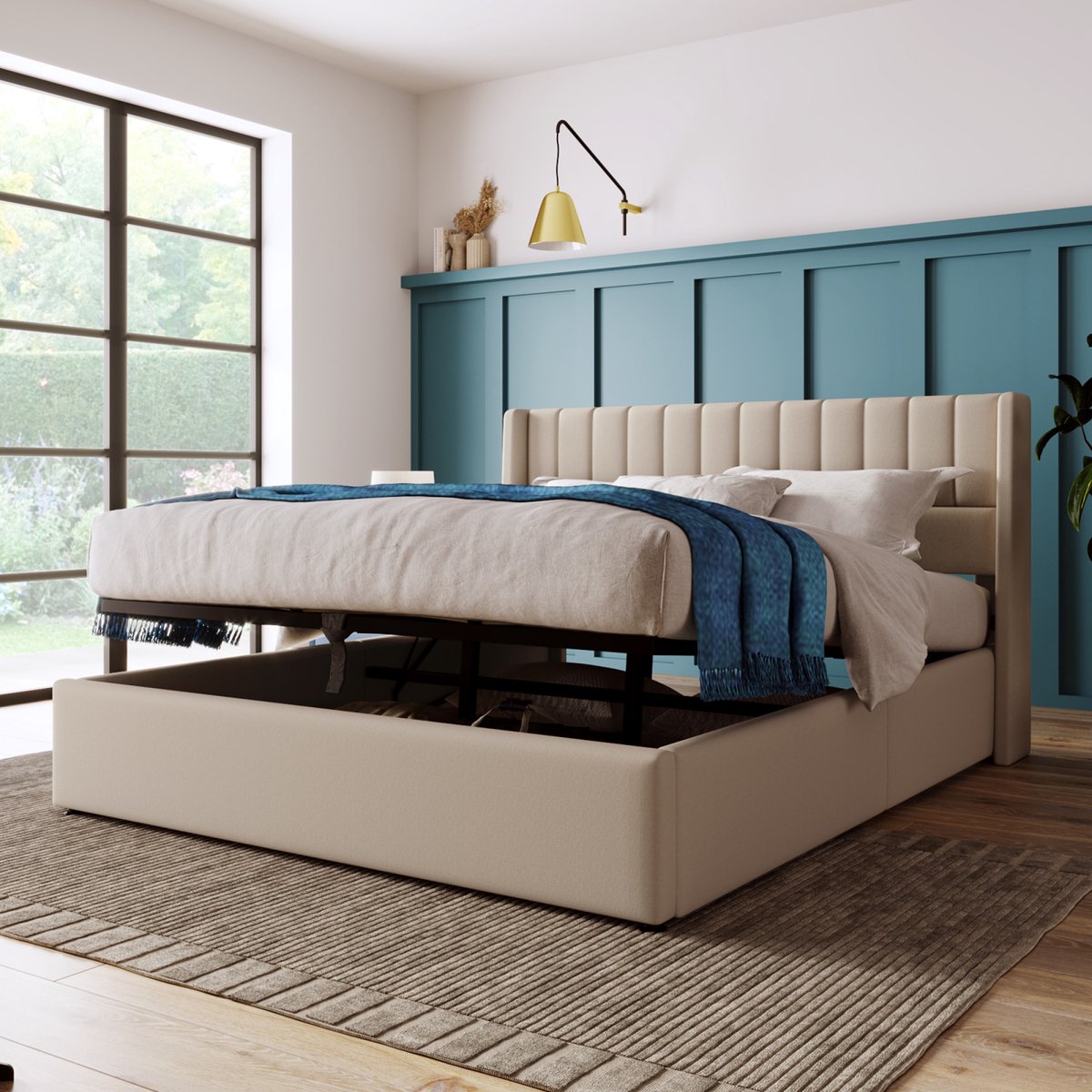 Opbergbed 160x200 Beige – Hydraulisch Gestoffeerd Linnen Bed met Hoofdbord – Tweepersoonsbed met Grote Opbergruimte & Lattenbodem
