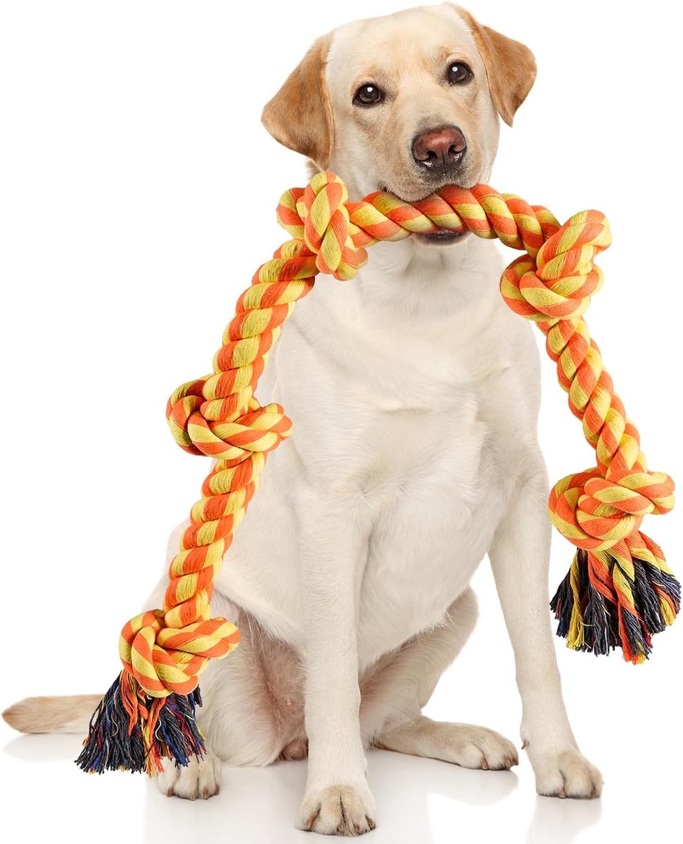 Touwspeelgoed voor grote en middelgrote honden, onverwoestbaar kauwspeelgoed, 94 cm, 5 knopen, robuust trekspeelgoed voor tandreiniging, touwtrekken, oranje