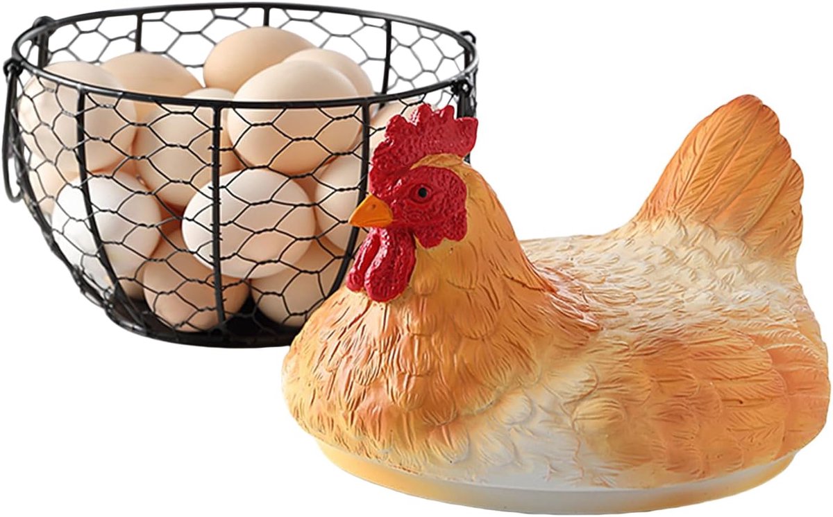 eiermand Rustieke metalen opbergmand | Eierenverzamelmand Met Decoratief Kippendeksel Voor fruitsnacks, boerderijkeuken, landelijk wonen