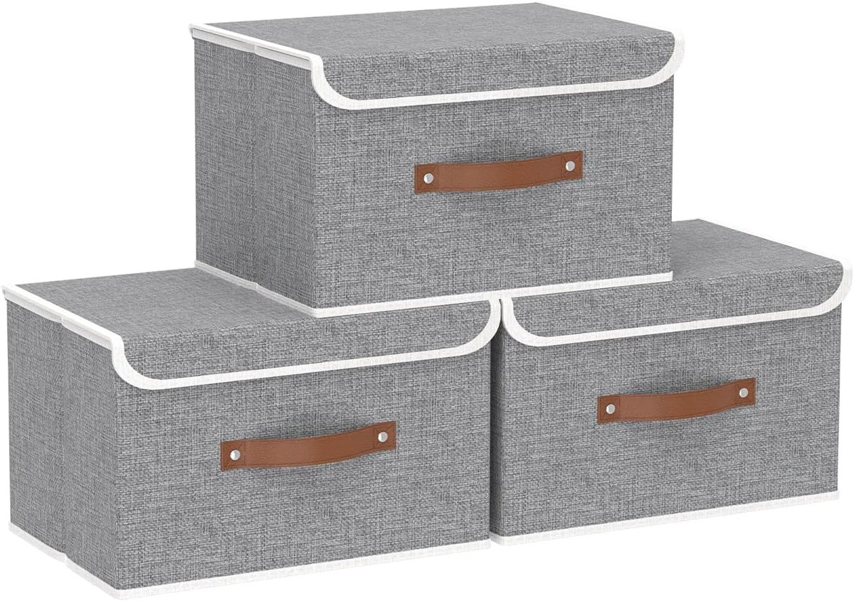 3-Delige Opbergdozen met Deksel, Opvouwbare Stoffen Boxen, Kledingopbergvak, voor Slaapkamer, Kleding Opbergen, 26x20x17cm, Grijs, SNK018GN-3