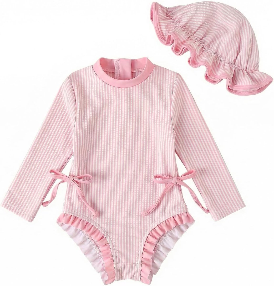 Badpak voor babymeisjes, badkleding voor peuters, meisjes, badkleding met hoed, lange mouwen, kliksluiting en ritssluiting, Roze streep, 12-18 maanden