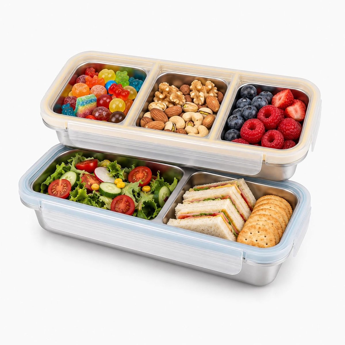 Set van 2 roestvrijstalen broodtrommels met 2 en 3 vakken, lunchbox voor kinderen | Snackbox met vakken, stapelbaar, roestvrij staal, voedselopslag, broodtrommel