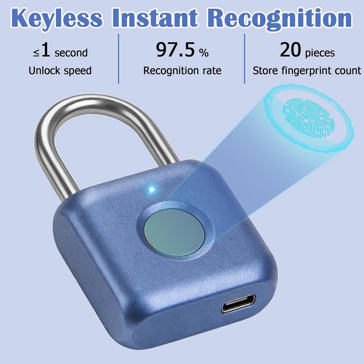 mini-hangslot, smart vingerafdrukslot, biometrisch hangslot voor gymkluis, schuurkluis, magazijneenheden (blauw)