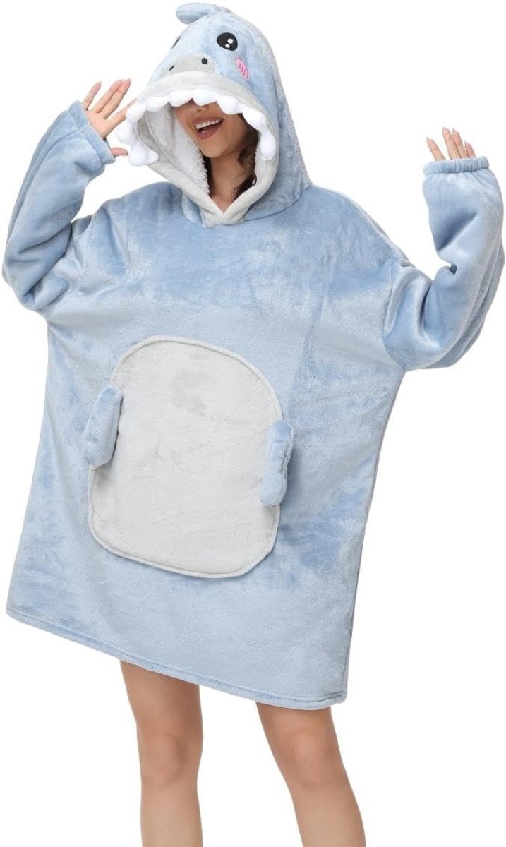 Knuffeldeken om aan te trekken met mouwen en capuchon, winter, comfortabel en warm, bankdeken, uniseks, oversized dieren, trui, grappige reuzenhoodie-deken