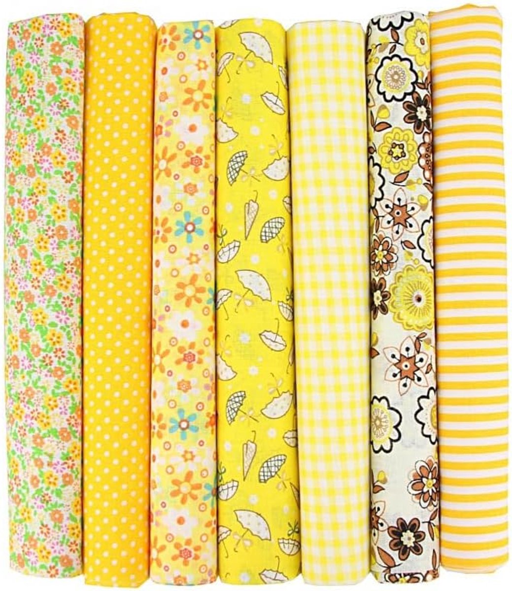 Stofpakket, 7 stuks, 50 x 50 cm, stoffen om te naaien, patchwork, doe-het-zelf, katoenen doek, per meter, stofresten, stofpakket voor kleding, beddengoed, gordijnen, tafelkleden, geel