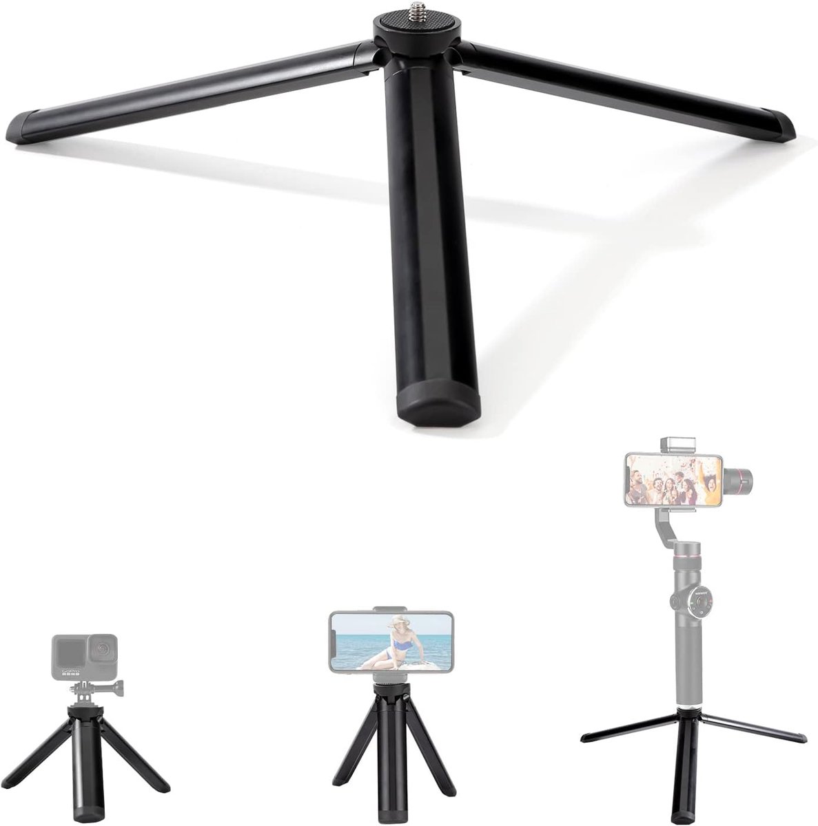 Mini-statief voor mobiele telefoon, draagbaar, tafelstatief, camerastatief, aluminiumlegering, met 1/4 inch schroef, compatibel met GoPro telefoon, gimbalstabilisator, lengte 11 cm, zwart