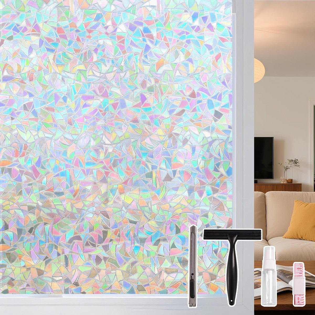 Raamfolie Anti Inkijk, Privacyfolie met Regenboogeffect 3D, Anti-UV Statische Kleeflaag, Decoratieve voor Woonkamer Keuken Kantoor, Transparant, 44,5 x 400 cm met Gereedschap