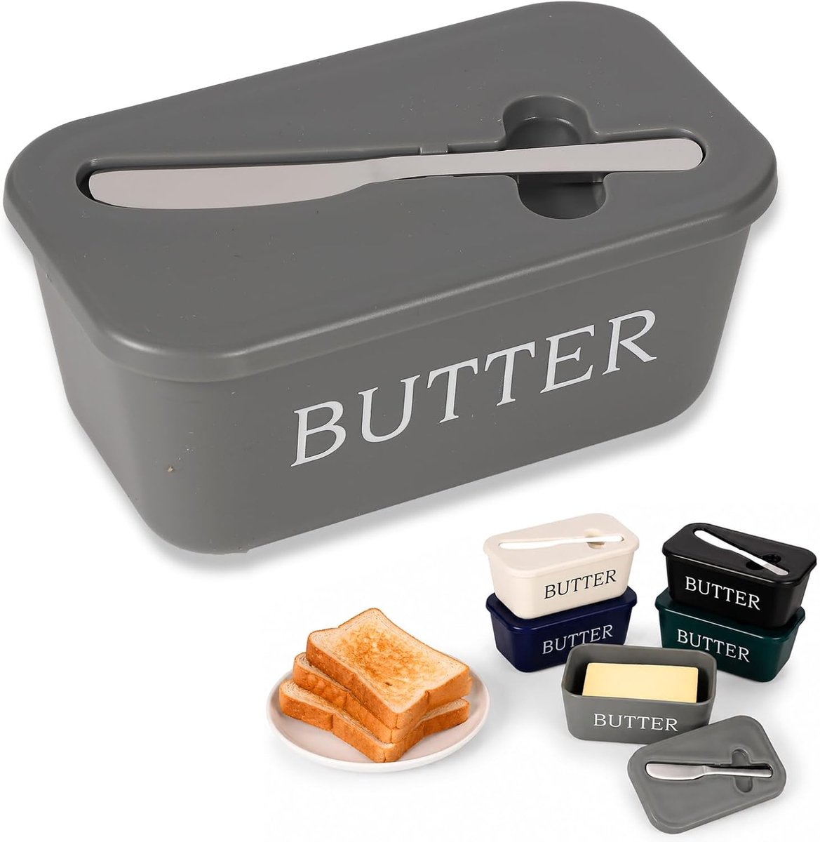 Botervloka met deksel en mes, grijze boterhouder | De Vrije Plastic Container van de Voedselrang van BPA met Dienblad en Gemakkelijk Schepmes voor Huisaanrecht en Ijskast