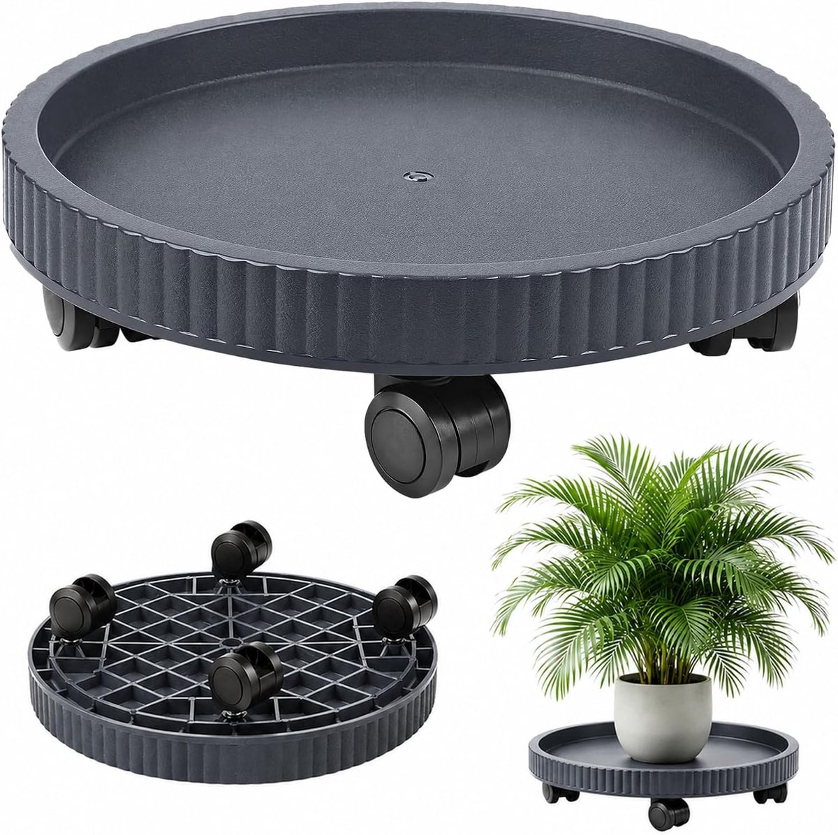 rond, 40 cm, zwaar belastbaar, voor buiten, met 360 graden draaibare wielen, onderzetter voor bloempot voor binnen en buiten (grijs)