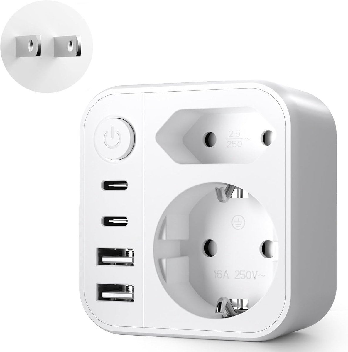 6-in-1 adapter stekker Japan, reisadapter Japan, reisstekker Frankrijk naar J-apon met 2 USB A & 2 USB C, Schuko-stekker naar type A voor de VS, J-apon, Canada