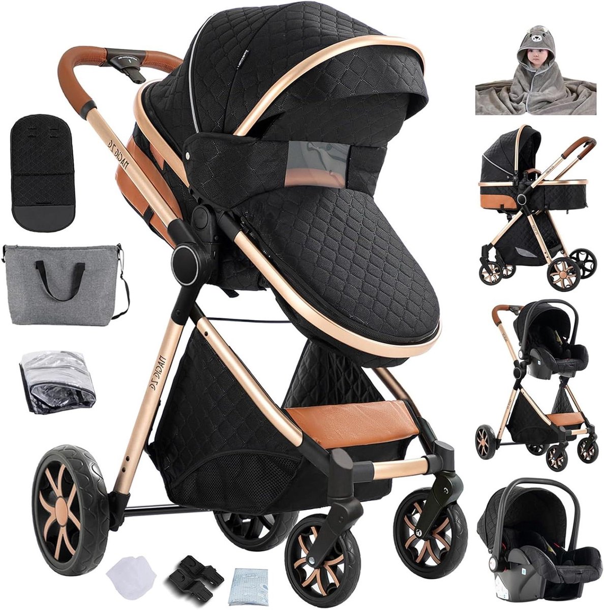 3-in-1 Kinderwagen - Reiswieg Kinderzitje - Baby Vervoeren - Omkeerbaar Zichtveld - 82 x 61 x 105 cm - Zwart